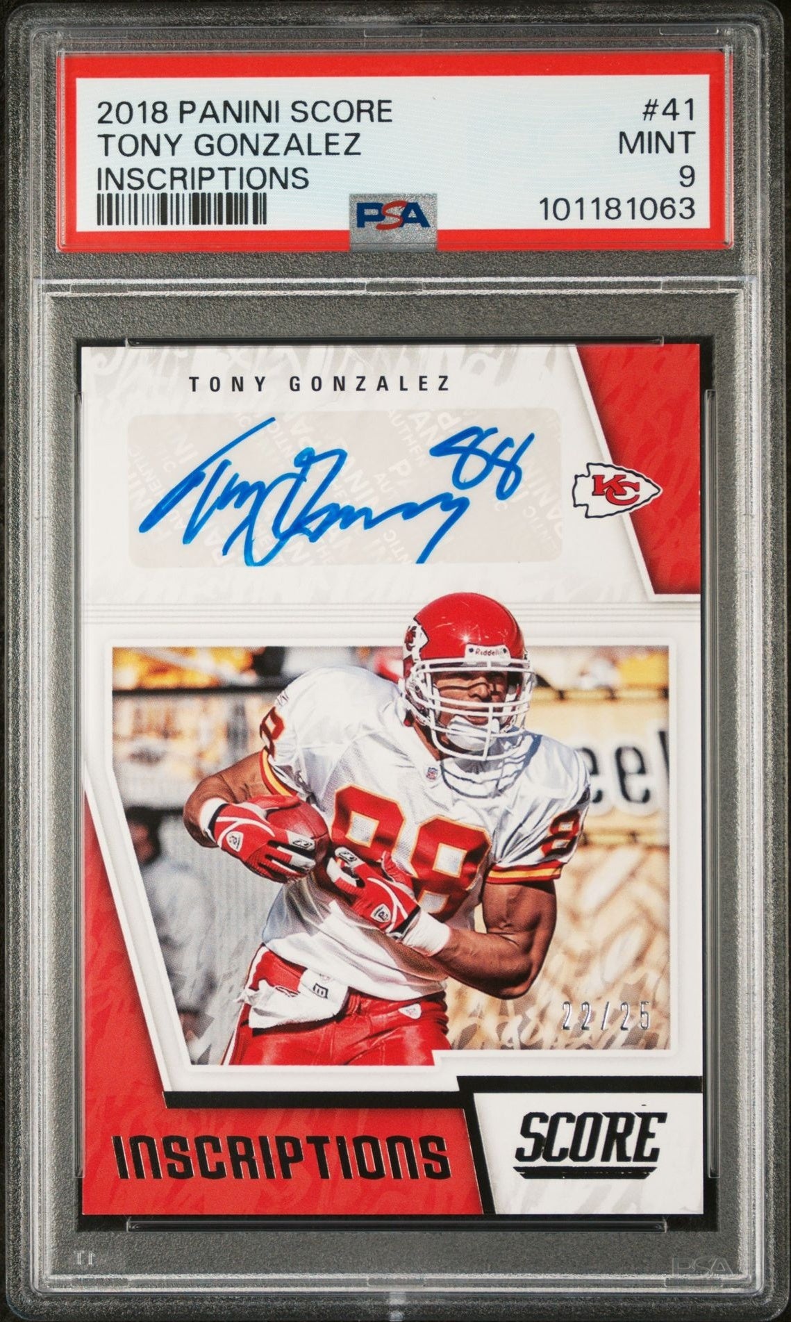 2018 Panini Score Inscriptions Tony Gonzalez #41 Auto /25 PSA 9