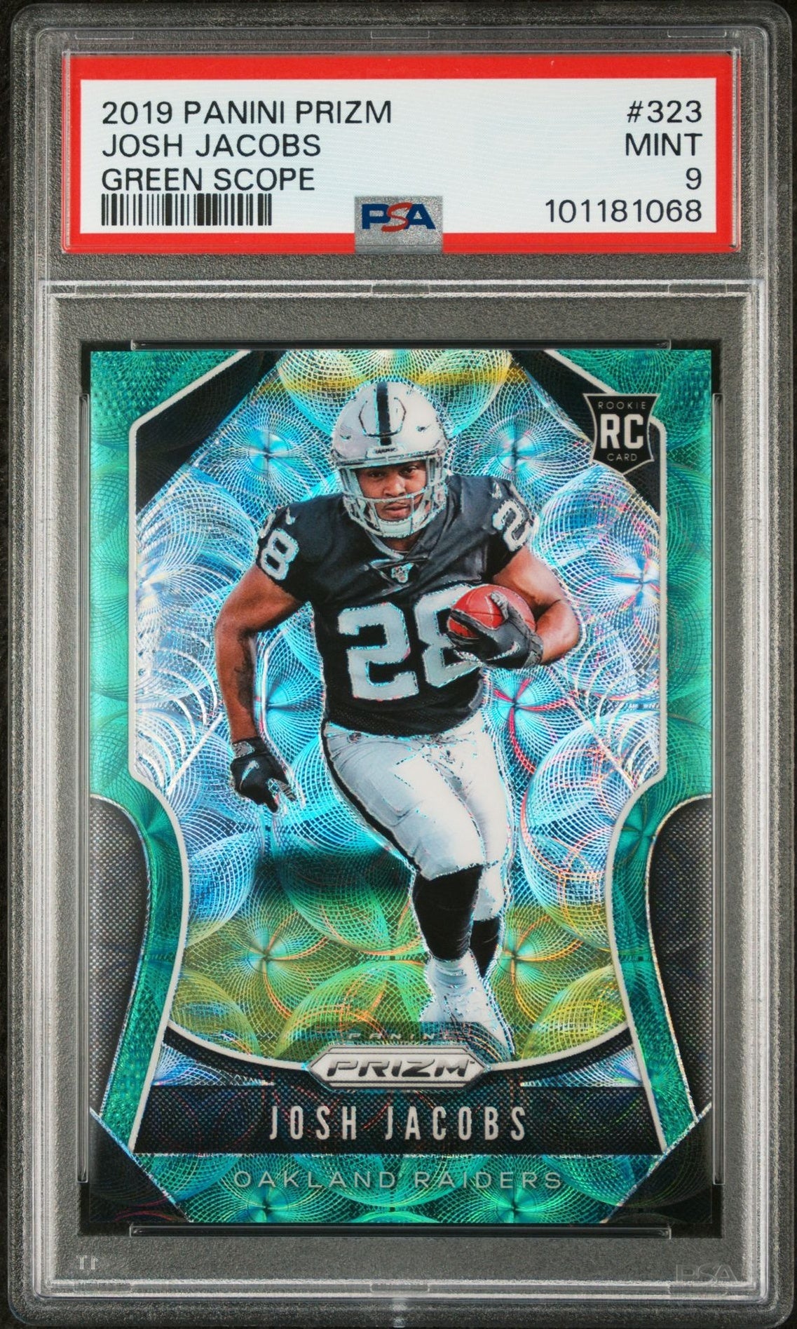 2019 Panini Prizm Green Scope Josh Jacobs #323 RC /75 PSA 9