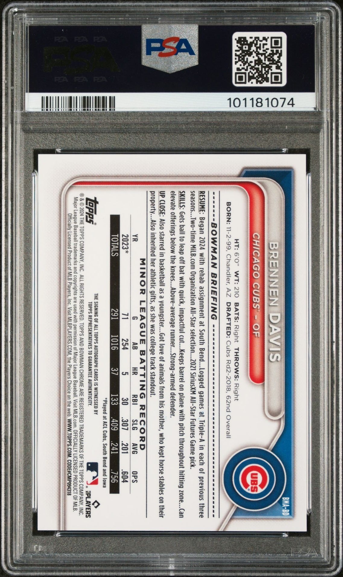 2024 Bowman Chrome Brennen Davis #BD Auto PSA 10