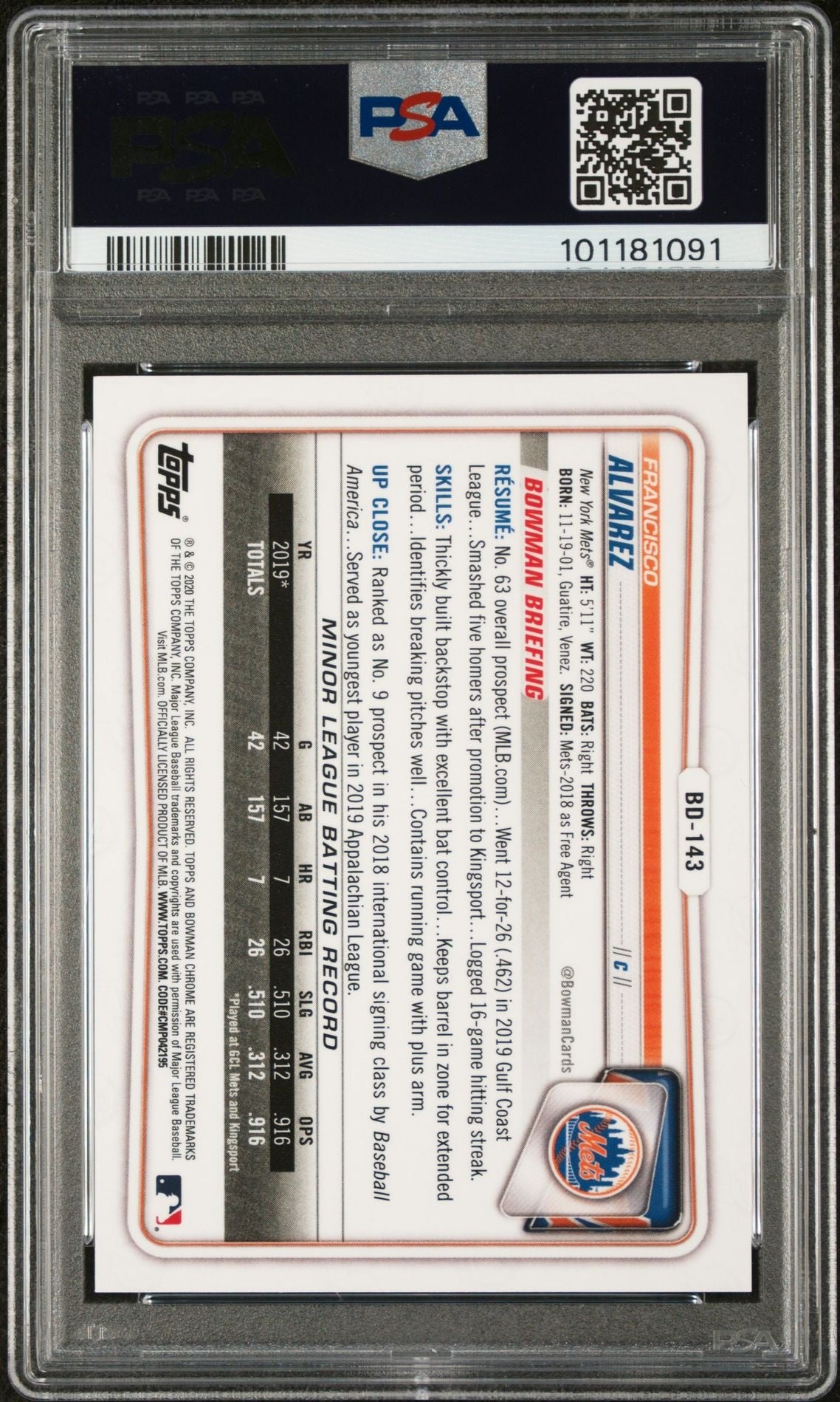 2020 Bowman Chrome Draft Gold Refractor Francisco Alvarez #BD143 /50 PSA 9