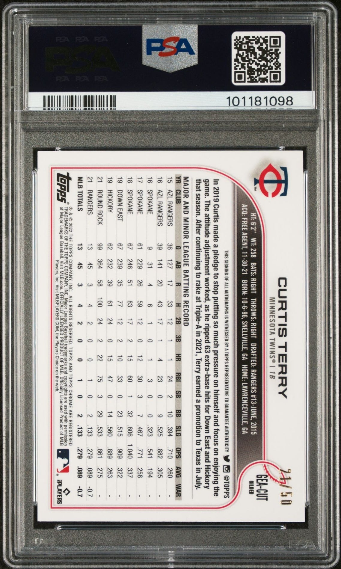 2022 Topps Gilded Collection Topps Chrome Gold Etch Autographs #CUT Curtis Terry T/C Gold Etch Auto-Blue PSA 10