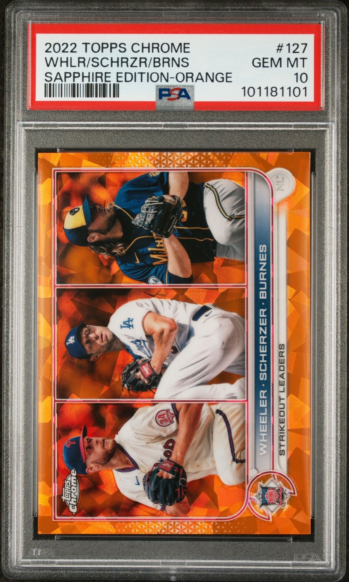 2022 Topps Chrome Sapphire Edition #127 Corbin Burnes/Max Scherzer/Zack Wheeler Orange PSA 10