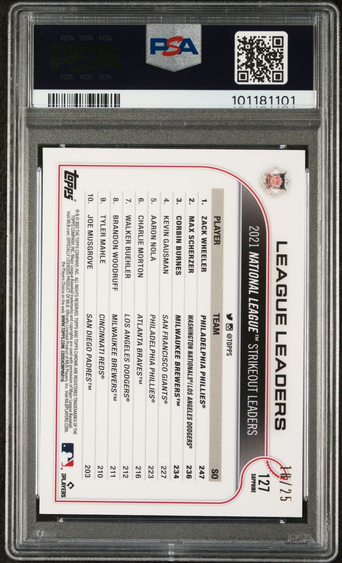2022 Topps Chrome Sapphire Edition #127 Corbin Burnes/Max Scherzer/Zack Wheeler Orange PSA 10