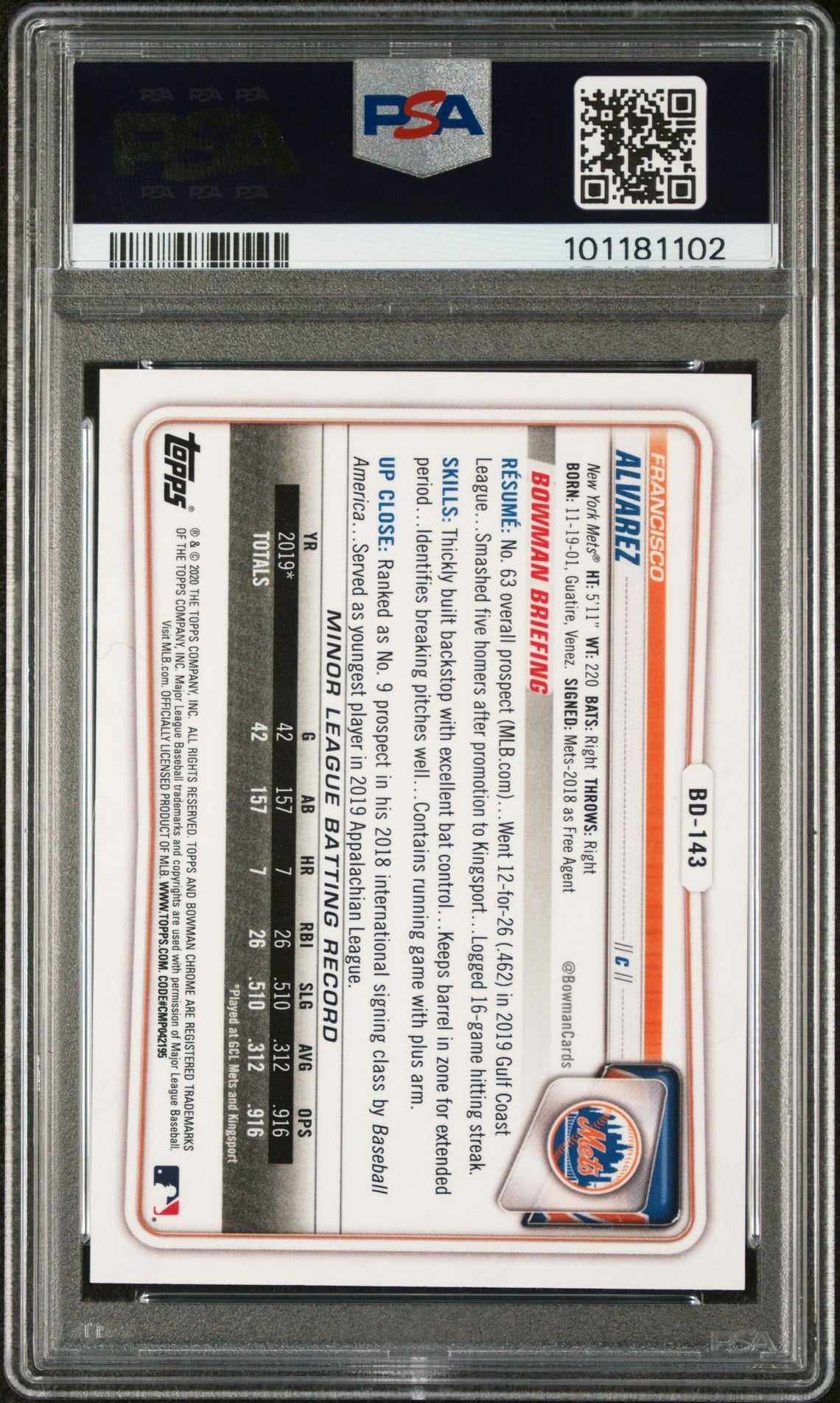 2020 Bowman Draft Blue Francisco Alvarez #BD-143 /150 PSA 10