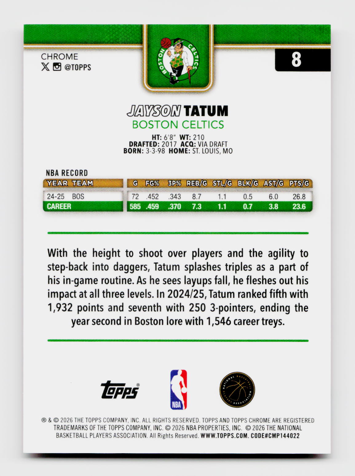 2026 Topps Chrome Update #8 Jayson Tatum True Orange Refractor /25