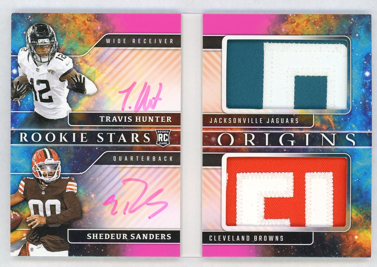 2025 Origins Travis Hunter/Shedeur Sanders Dual Rookie RC Patch Auto Booklet Pink /12