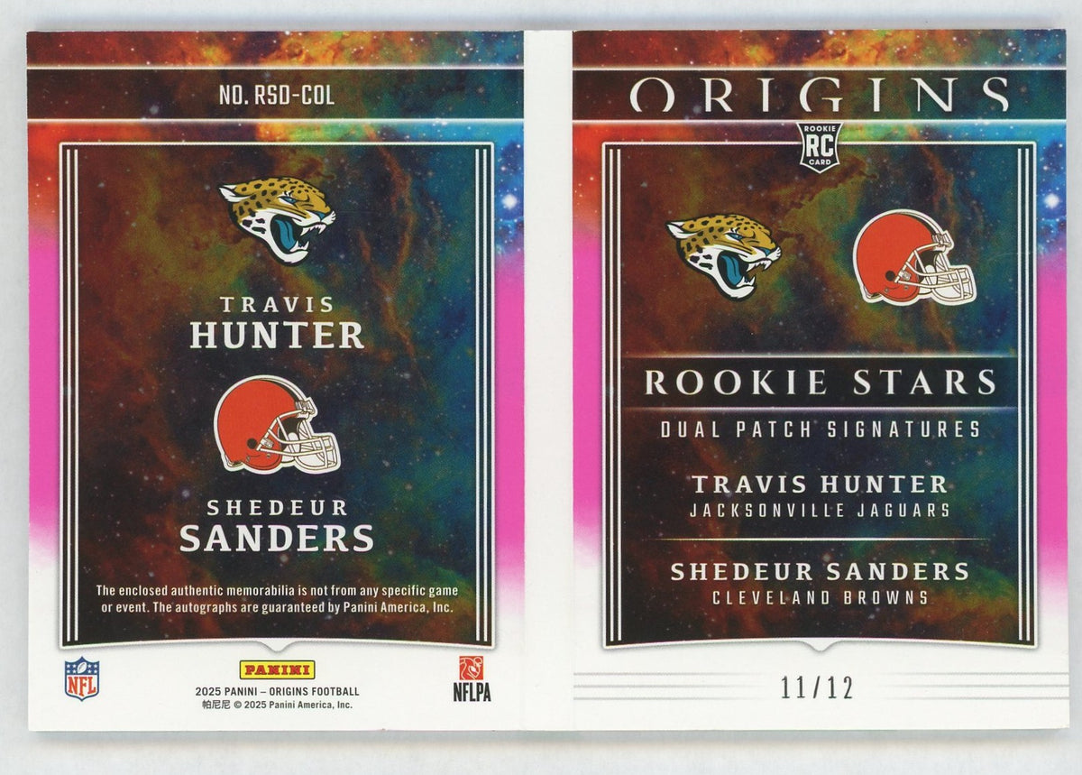 2025 Origins Travis Hunter/Shedeur Sanders Dual Rookie RC Patch Auto Booklet Pink /12