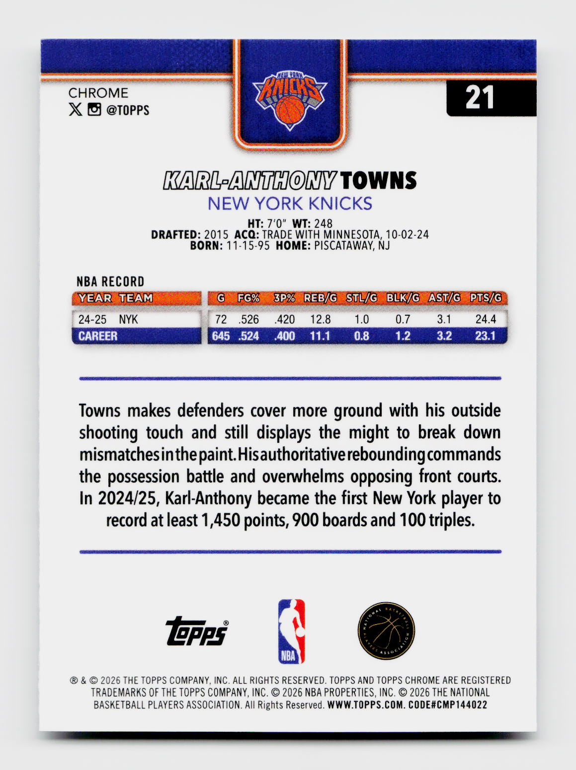 2026 Topps Chrome #21 Karl-Anthony Towns Speckle Refractor Image Variation