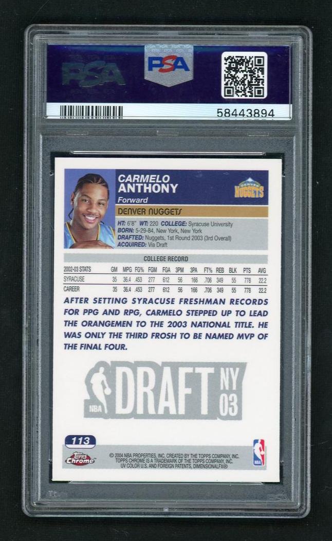 2003 Topps Chrome Carmelo Anthony #113 PSA 9