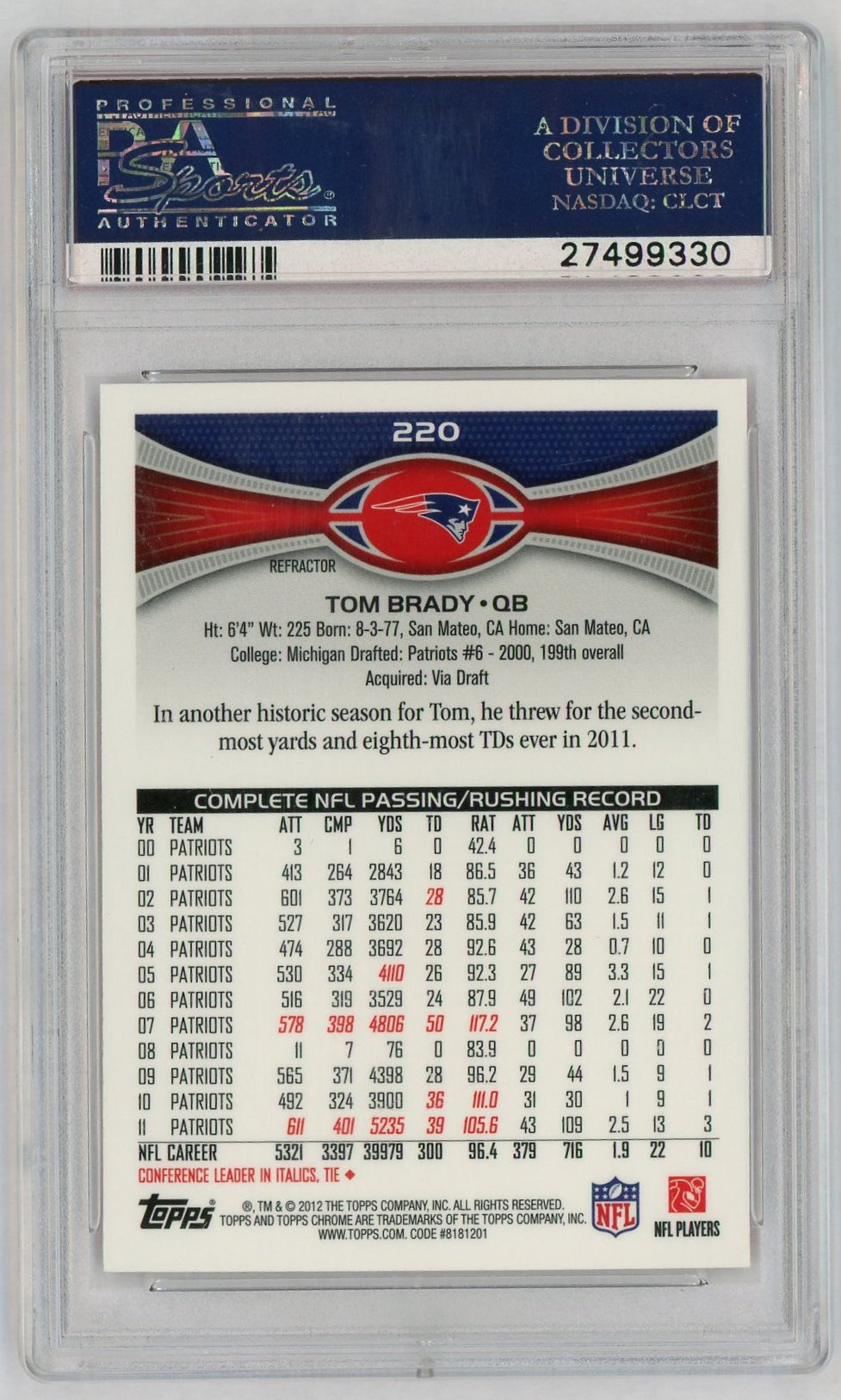 2012 Topps Chrome Orange Refractor Tom Brady #220 PSA 10