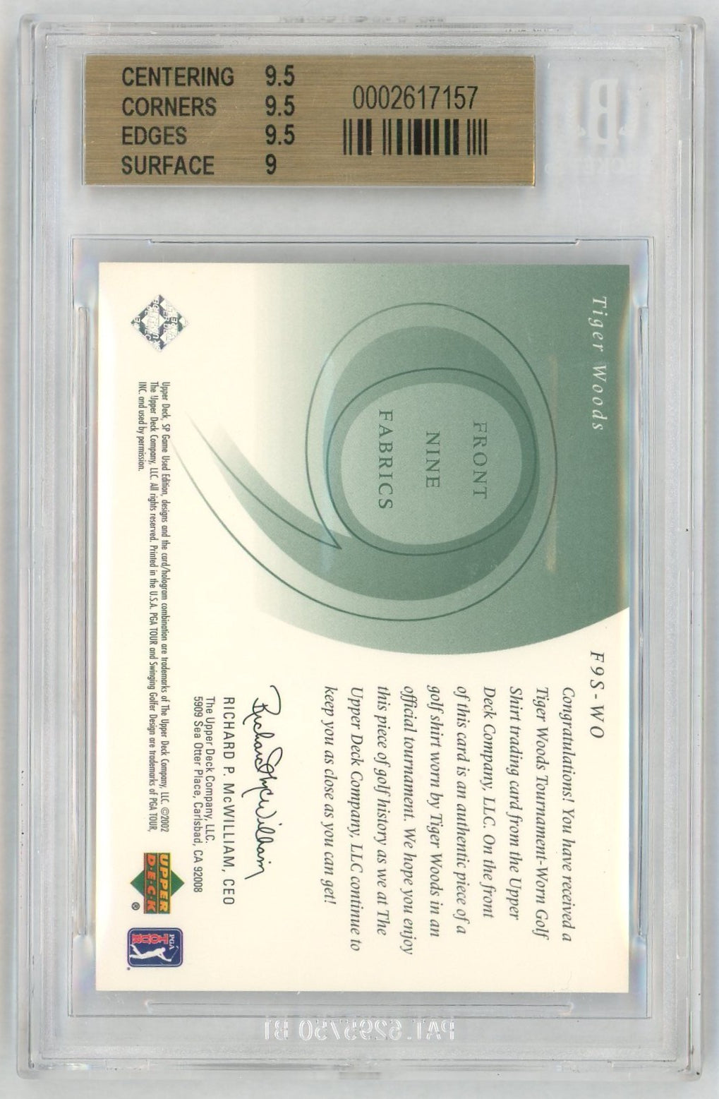 2002 SP Game Used #WO Tiger Woods Front 9 Fabric Red Shirt Patch BGS 9.5