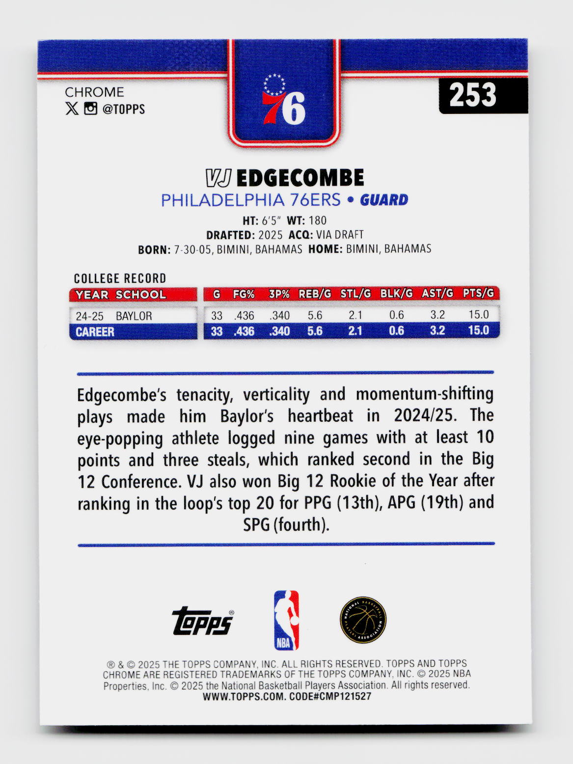 2025 Topps Chrome #253 VJ Edgecombe Basketball Refractor Rookie RC