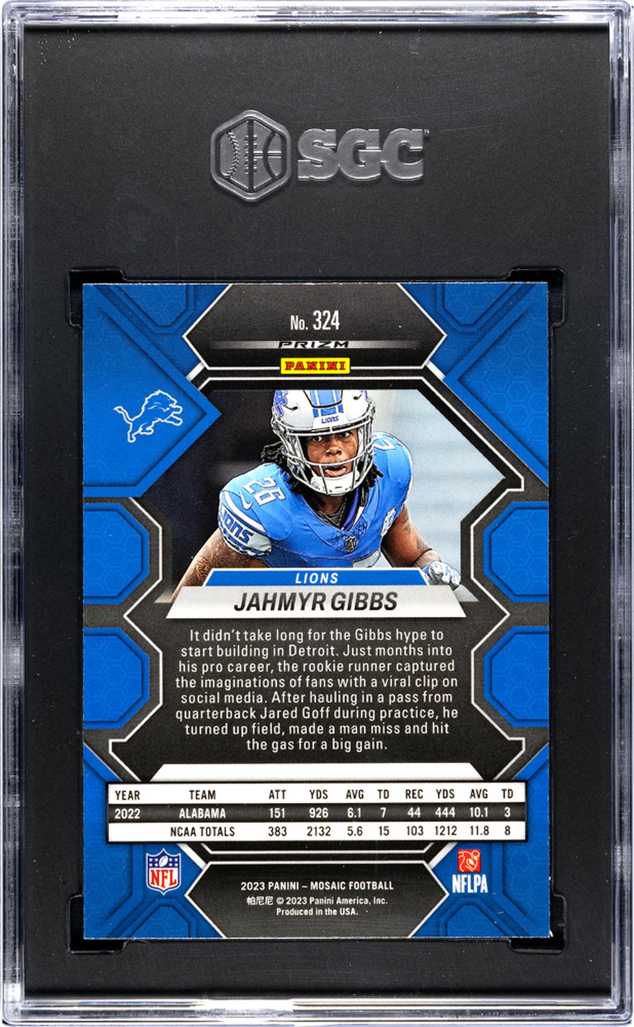 2023 Panini Mosaic #324 Jahmyr Gibbs Green Prizm SGC 10