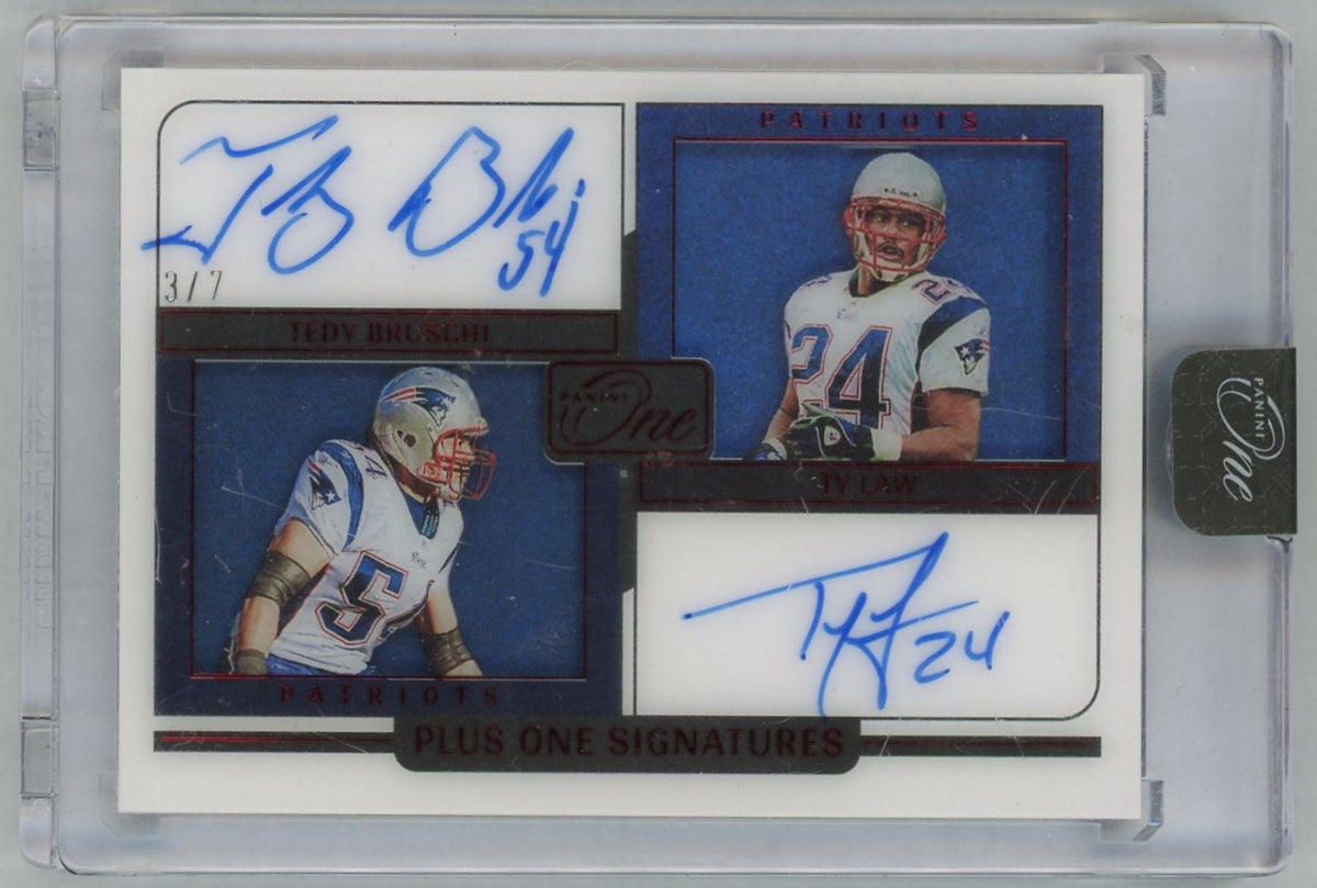2022 Panini One #146 Tedy Bruschi/Ty Law Plus One Signatures Dual Auto SSP /7