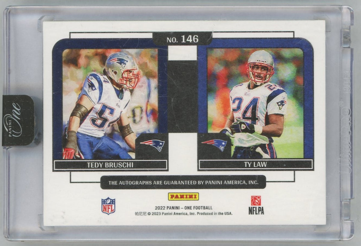 2022 Panini One #146 Tedy Bruschi/Ty Law Plus One Signatures Dual Auto SSP /7
