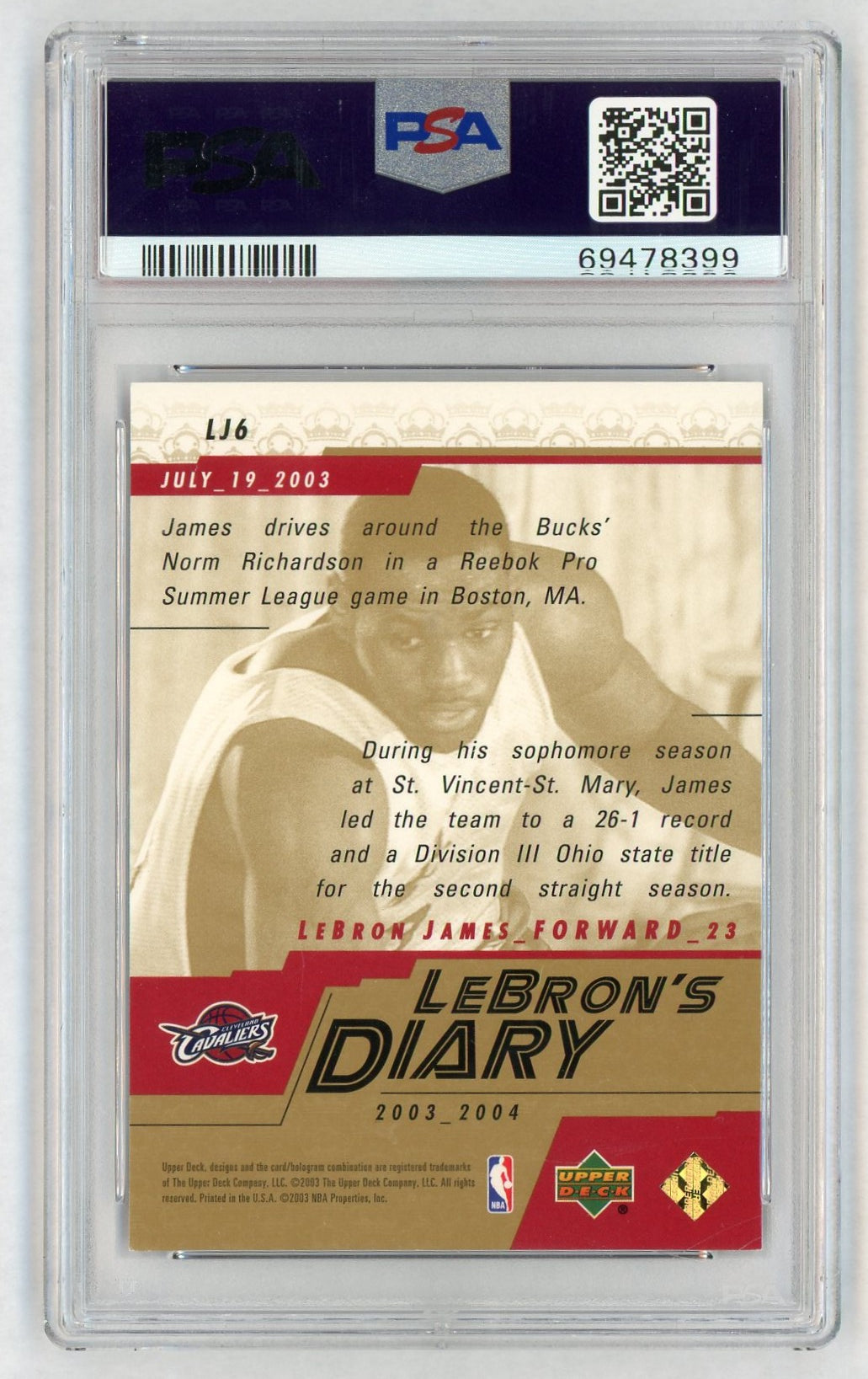 2003 Upper Deck Lebron's Diary LeBron James #LJ6 PSA 9