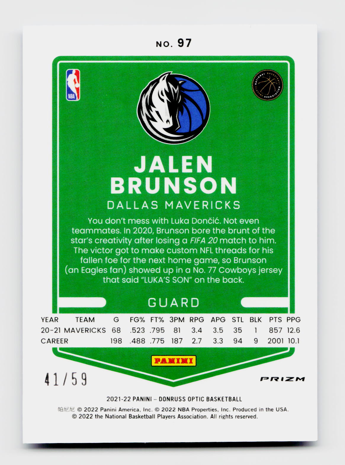 2021-22 Donruss Optic #97 Jalen Brunson Blue Prizm SSP /59
