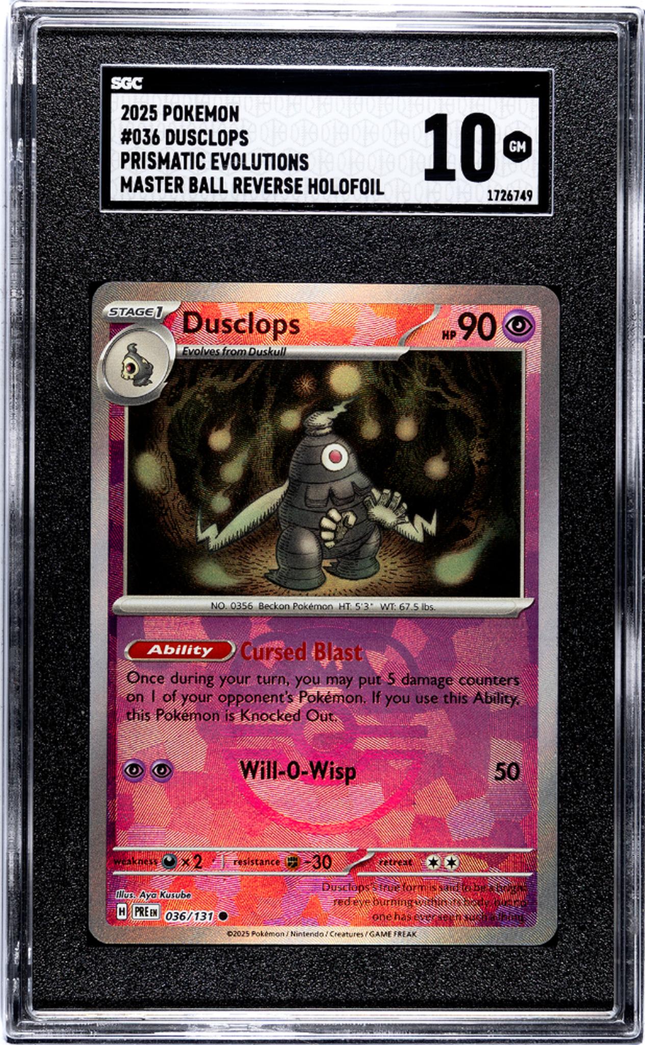 2025 Prismatic Evolutions #036/131 Dusclops Master Ball Reverse Holofoil SGC 10