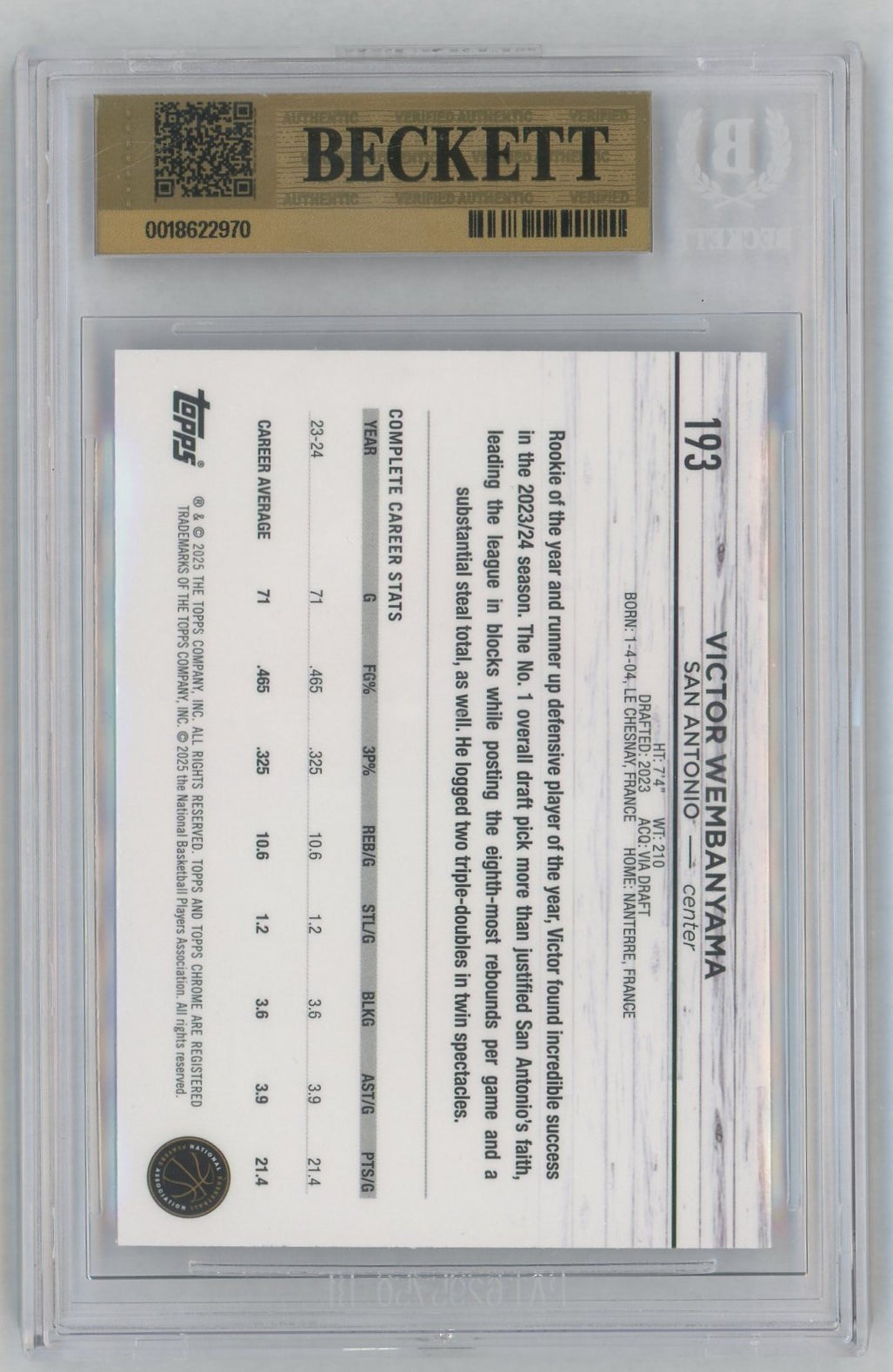 2024-25 Topps Chrome #193 Victor Wembanyama BGS 9.5
