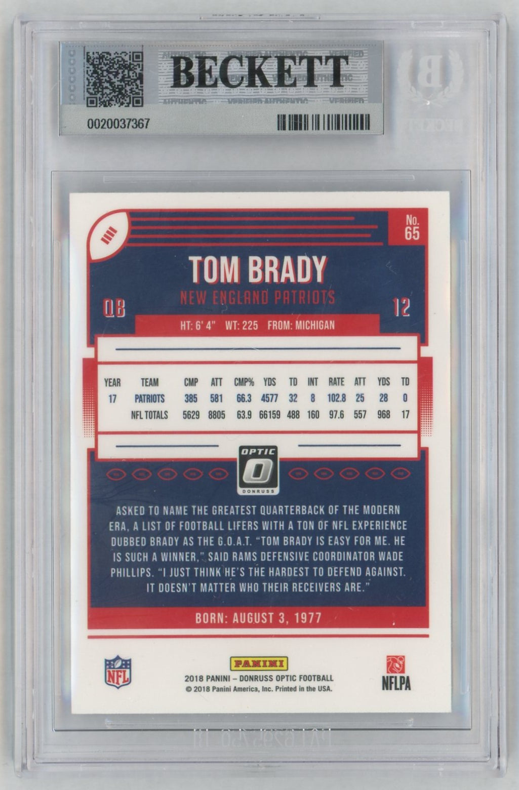 2018 Donruss Optic #65 Tom Brady BGS 9