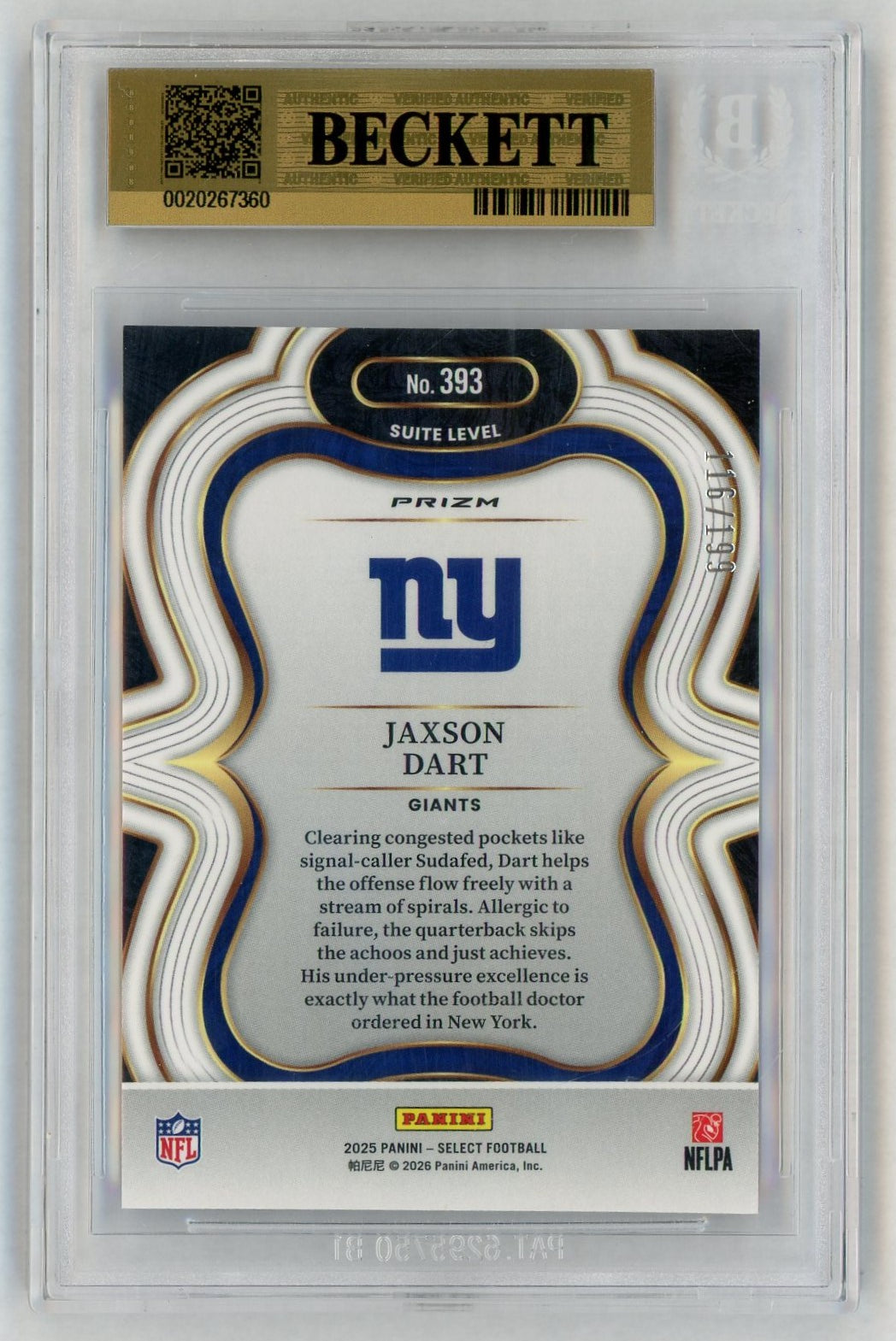 2025 Select #393 Jaxson Dart Rookie RC Tri-Color /199 Suite Level BGS 9.5