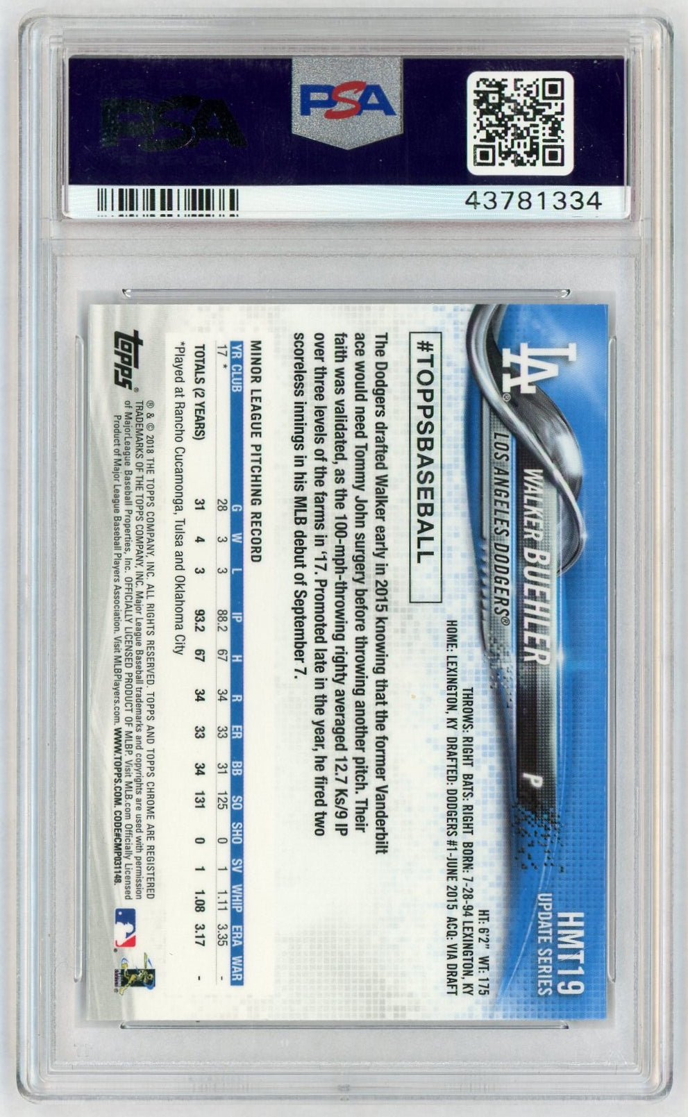 2018 Topps Chrome Update Walker Buehler #HMT19 PSA 10