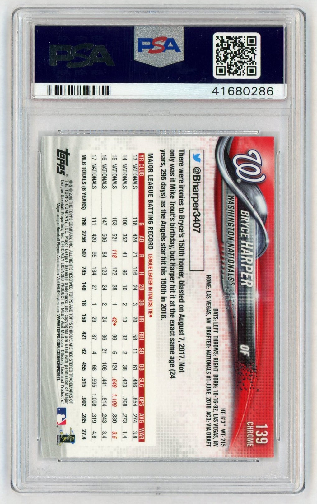 2018 Topps Chrome Prism Refractor Bryce Harper #139 PSA 9