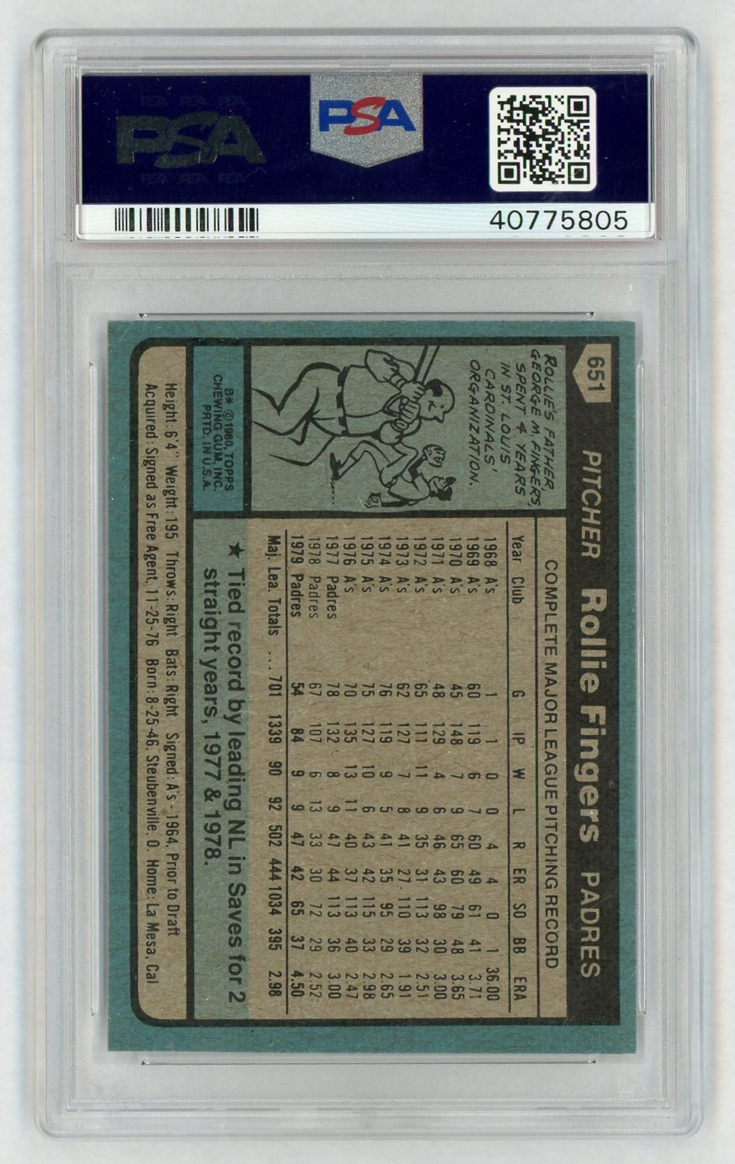 1980 Topps Rollie Fingers #651 PSA 8