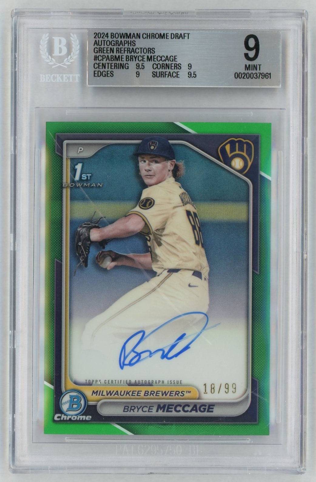 2024 Bowman Chrome #CPA-BME Bryce Meccage 1st Rookie RC True Green Refractor Auto /99 BGS 9