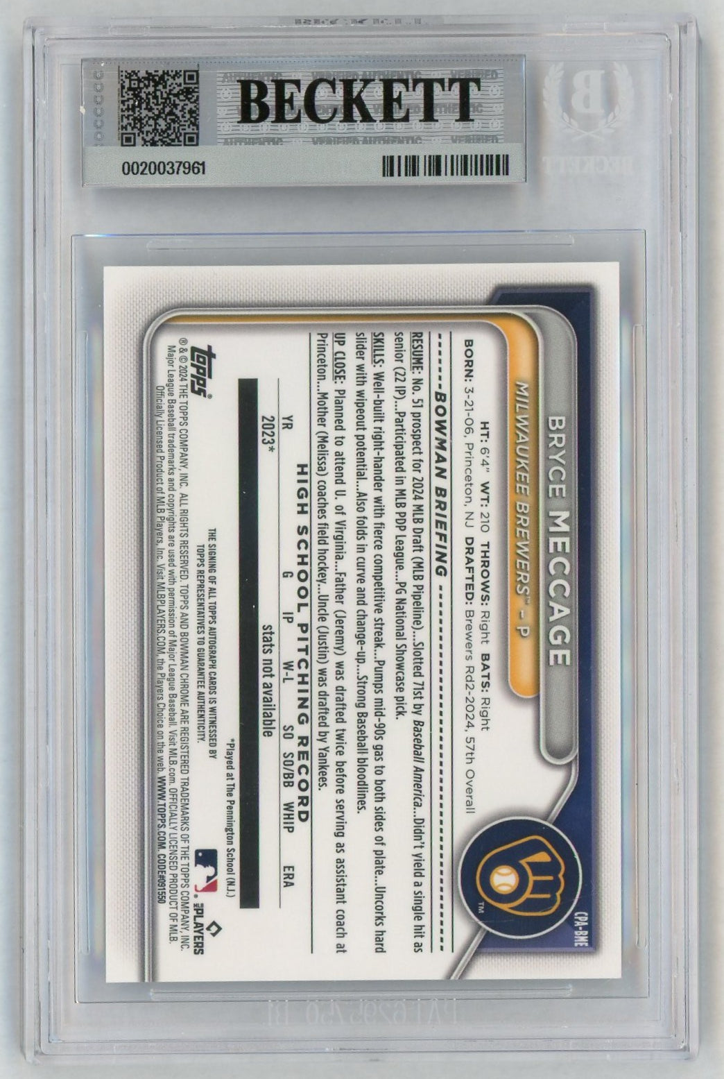 2024 Bowman Chrome #CPA-BME Bryce Meccage 1st Rookie RC True Green Refractor Auto /99 BGS 9