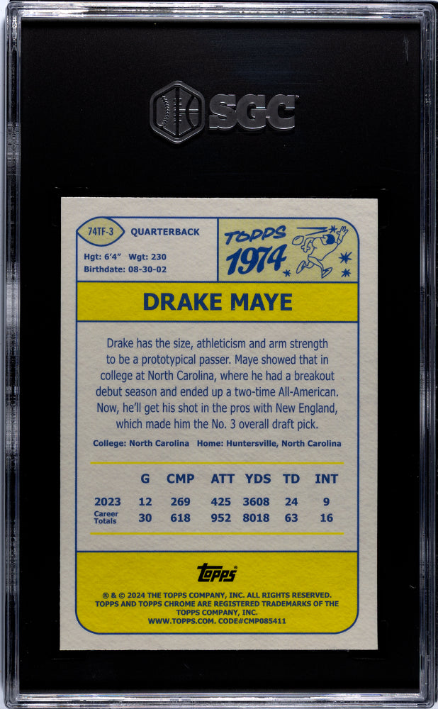2024 Topps Chrome '74 Design Xfractor Drake Maye #74TF-3 RC SGC 9