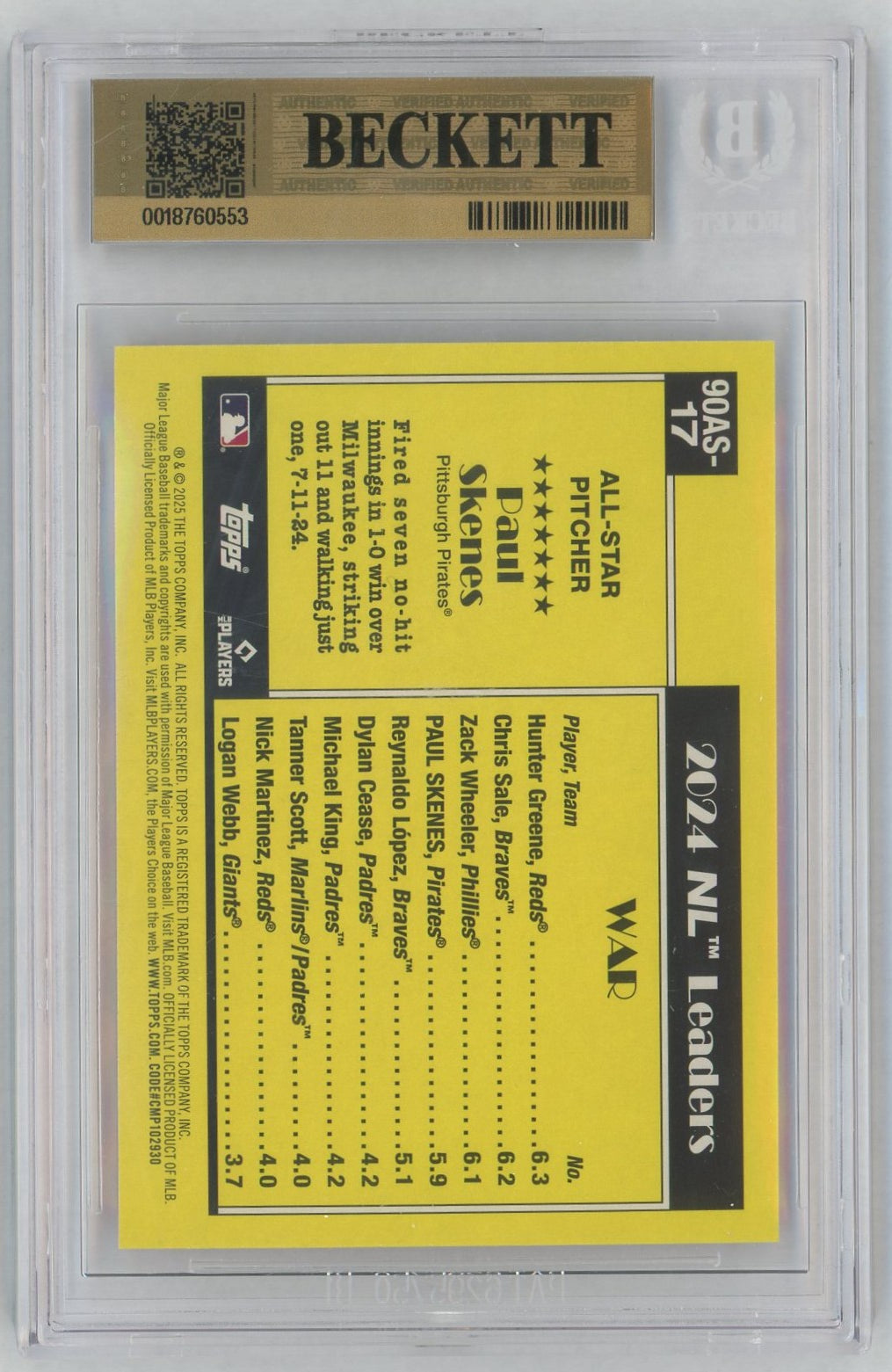 2025 Topps 1990 All Star #90AS-17 Paul Skenes BGS Pristine 10