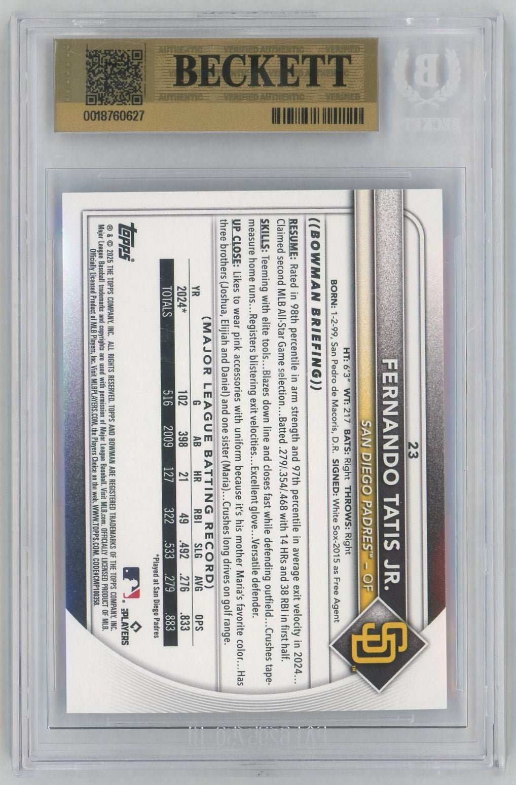 2025 Bowman #23 Fernando Tatis Jr Blue Pattern /125 BGS 9.5