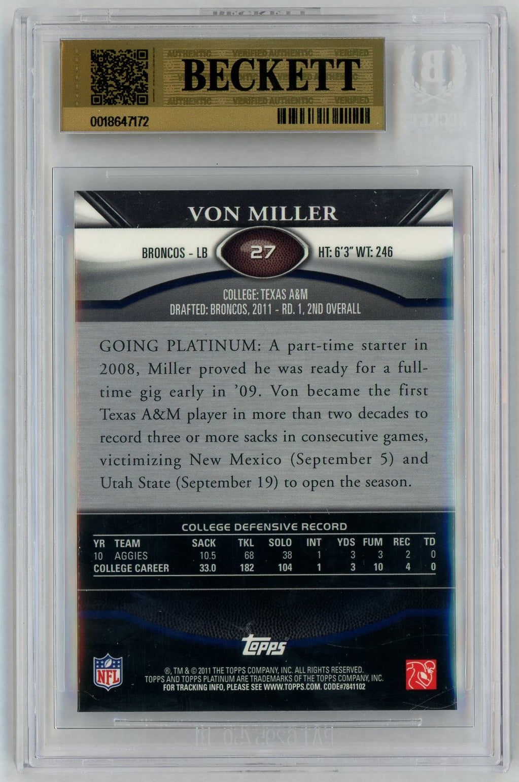 2011 Topps Platinum #27 Von Miller Rookie RC XFractor BGS 9.5