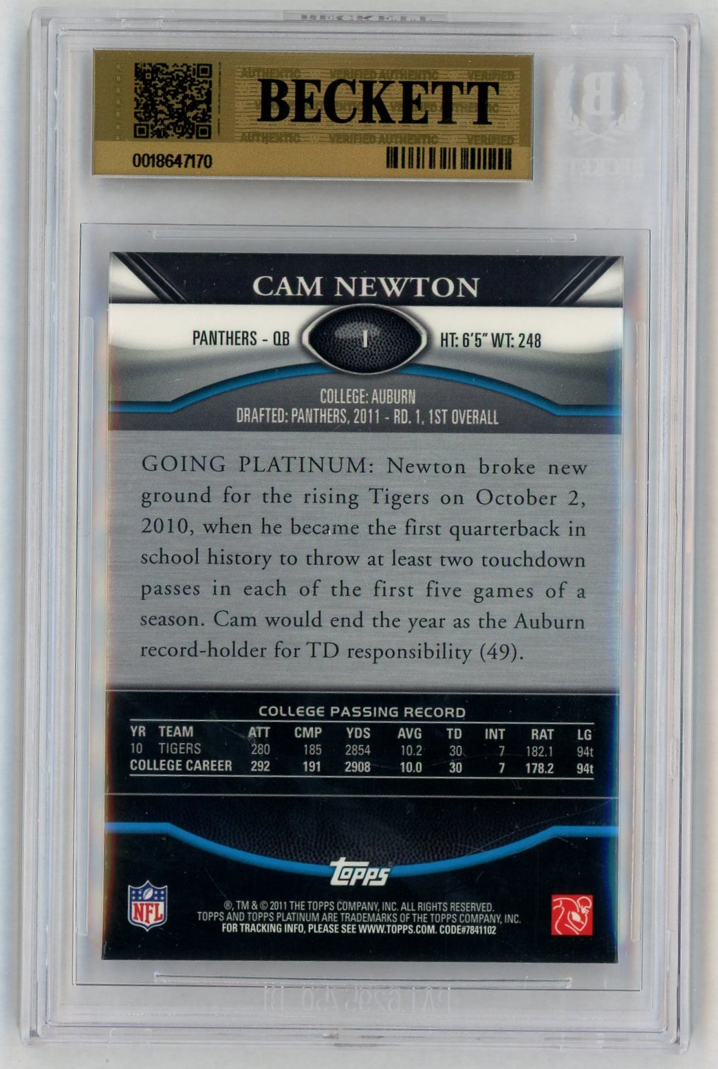 2011 Topps Platinum #1 Cam Newton Rookie RC XFractor BGS 9.5
