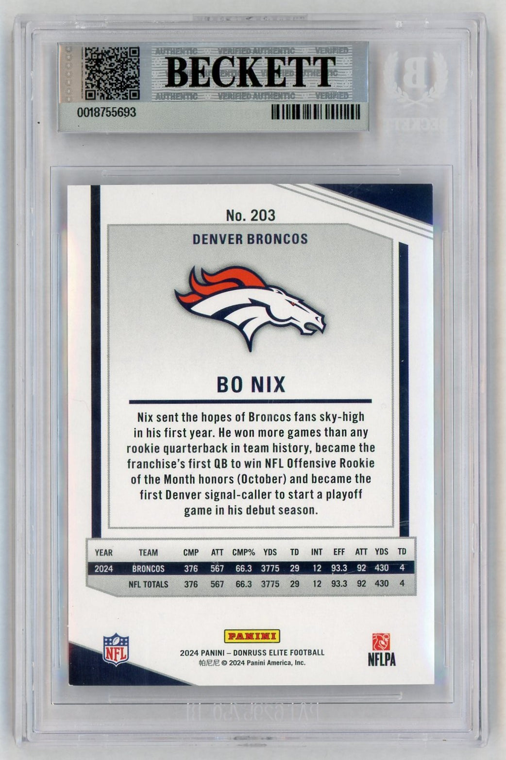 2024 Donruss Elite #203 Bo Nix Rookie RC Redemption /999 BGS 9