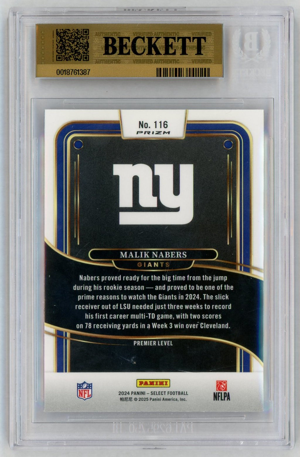 2024 Select #116 Malik Nabers Rookie RC Premier Level Black/Red Shock BGS 9.5
