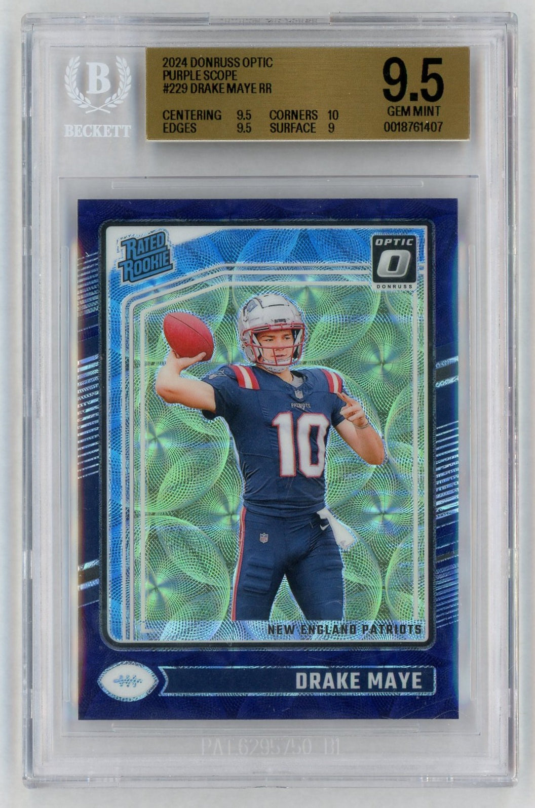 2024 Donruss Optic #229 Drake Maye Rated Rookie RC Purple Scope BGS 9.5