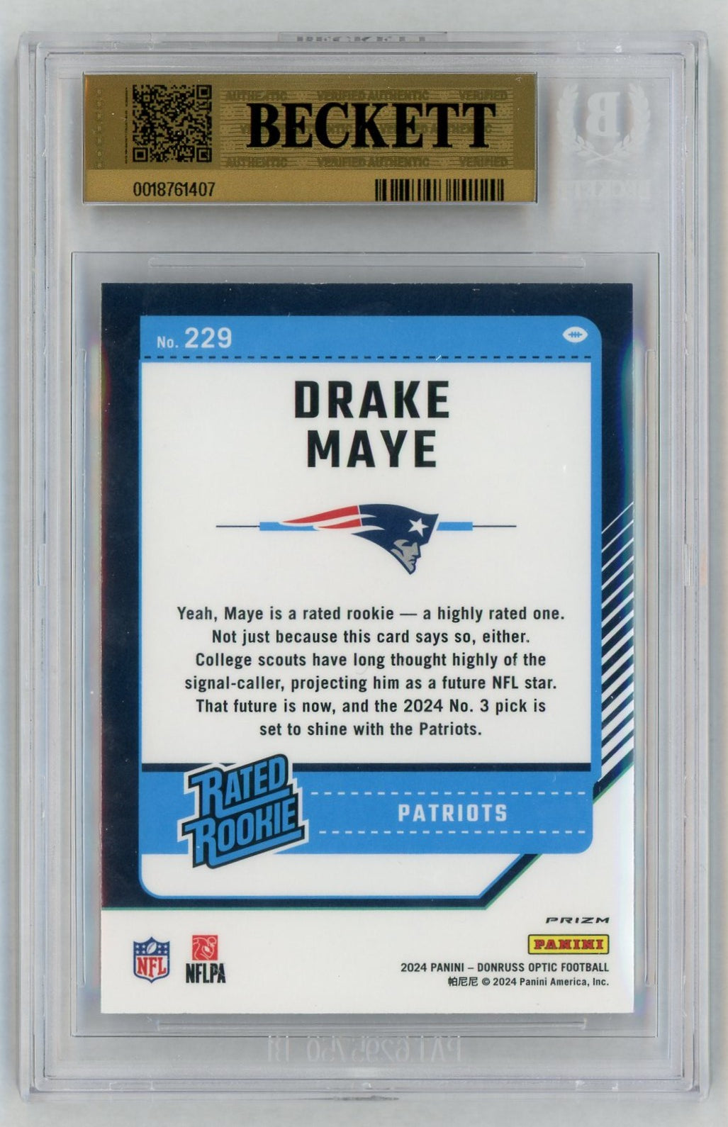 2024 Donruss Optic #229 Drake Maye Rated Rookie RC Purple Scope BGS 9.5