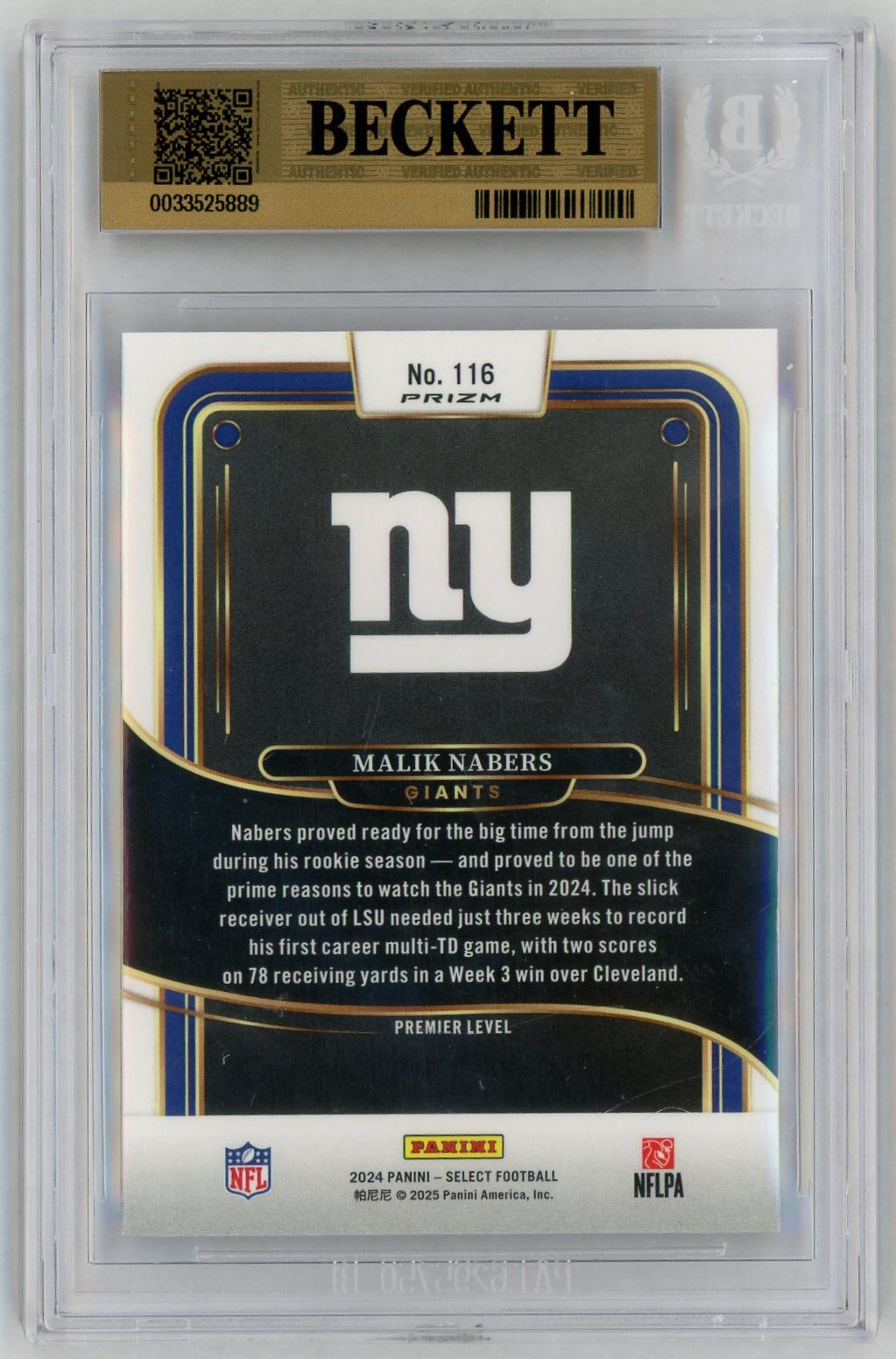 2024 Select #116 Malik Nabers Premier Level Rookie RC Red/Blue Shock BGS 9.5