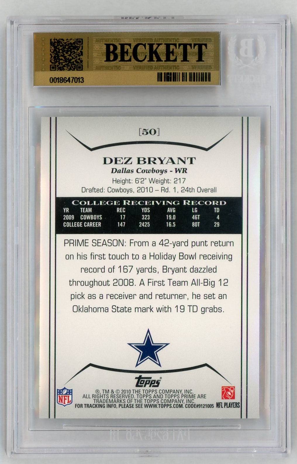 2010 Topps Prime #50 Dez Bryant Rookie RC BGS 9.5