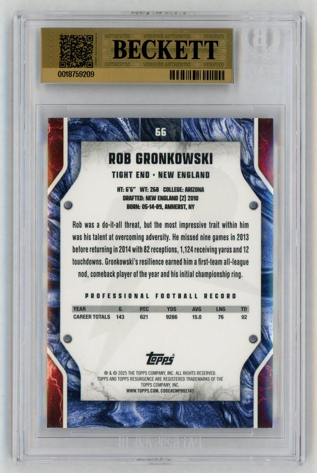 2024 Topps Resurgence #66 Rob Gronkowski Crimson Surge /199 BGS 9.5