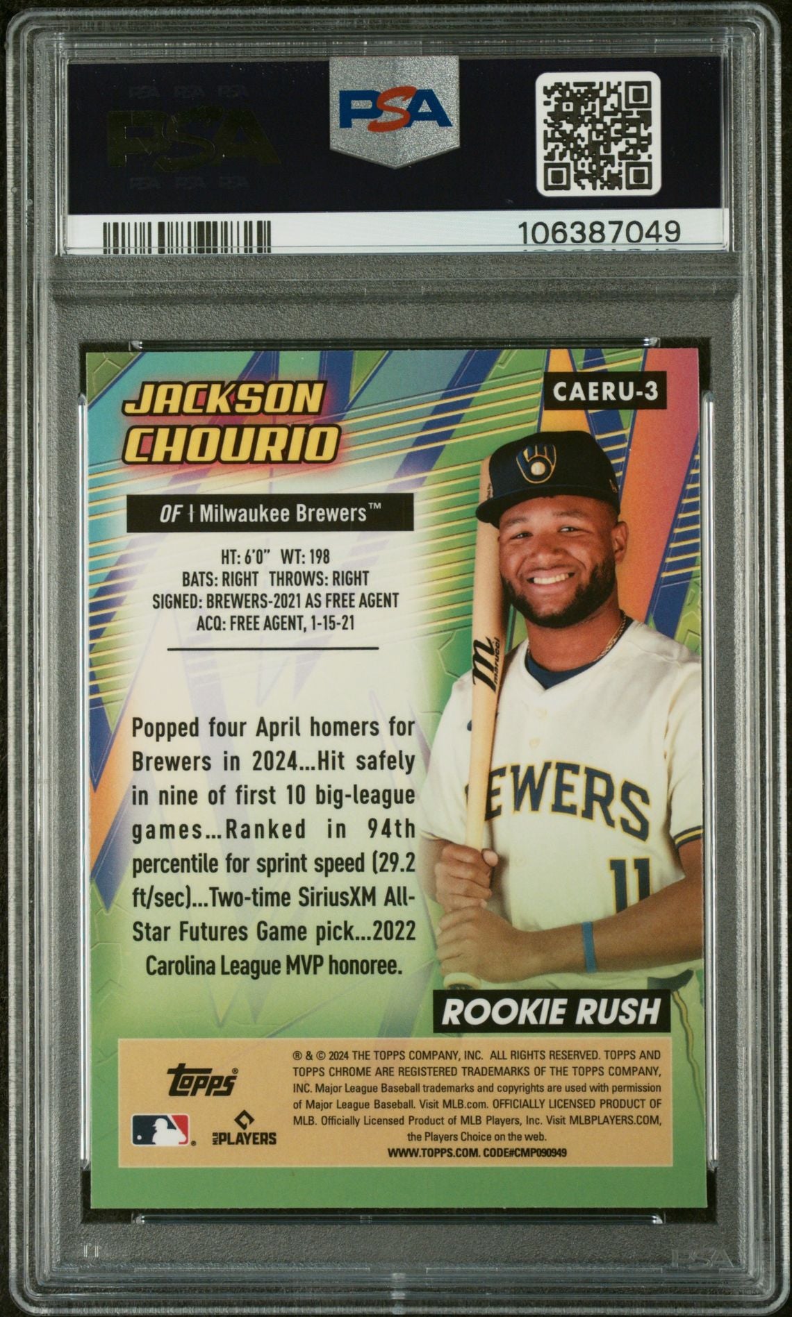 2024 Topps Chrome Update Chrome All-Etch Rookie Rush #3 Jackson Chourio All-Etch Rk Rush-Green Ref PSA 10