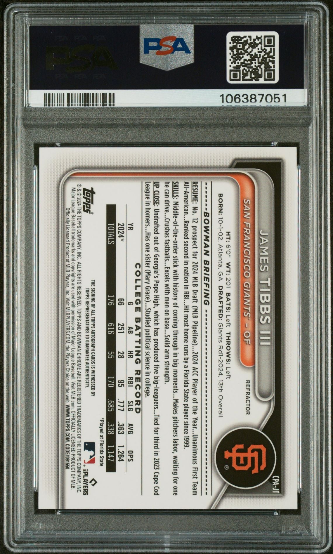 2024 Bowman Draft Chrome Refractor James Tibbs III #CPA-JT Auto /499 PSA 8