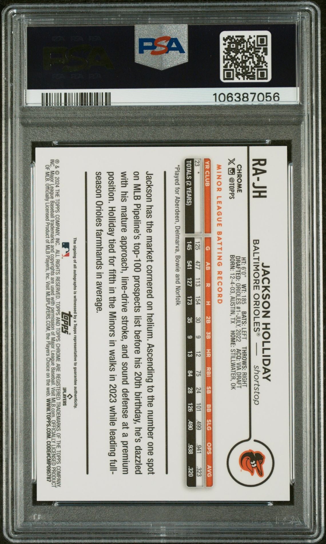 2024 Topps Chrome Aqua Blue Jackson Holliday #RAJH RC Auto /199 PSA 9