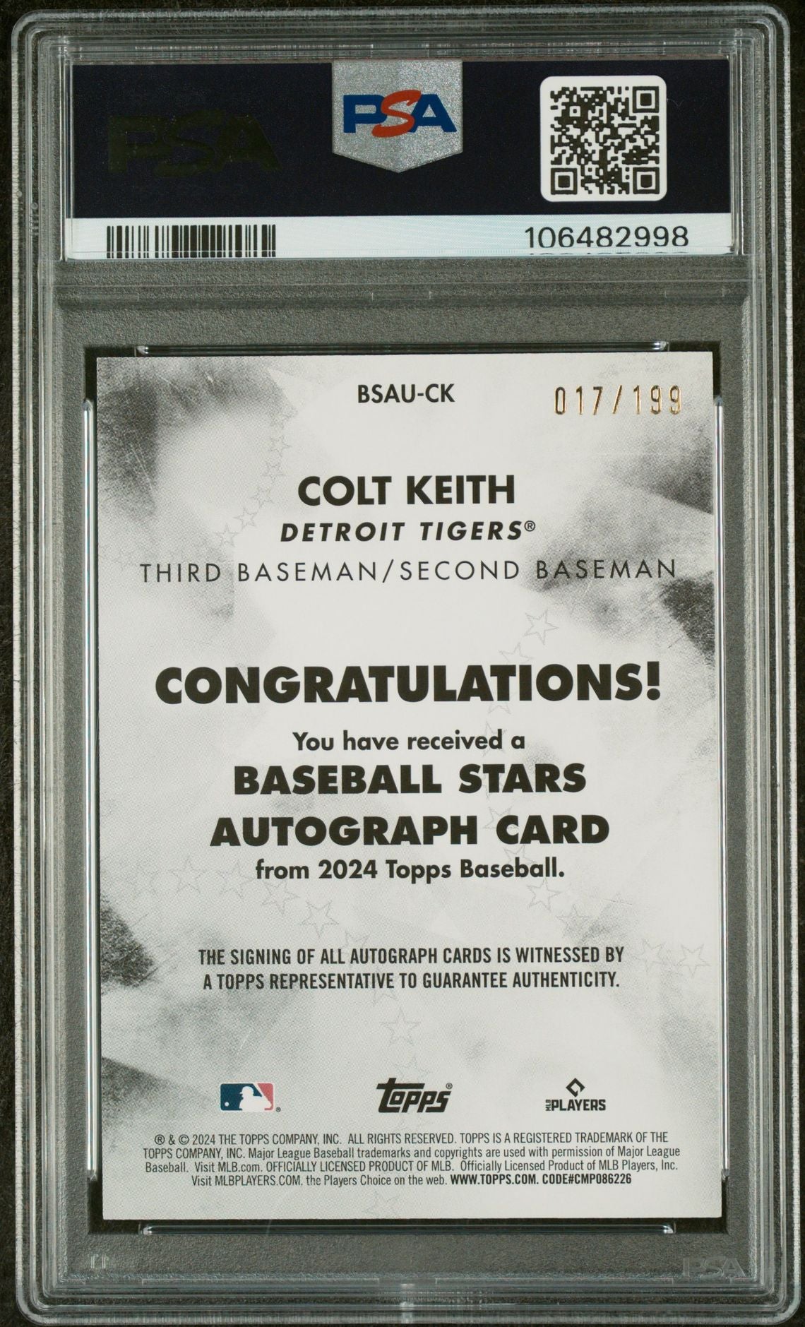 2024 Topps Baseball Stars Auto-Black Colt Keith #CK RC /199 PSA 9