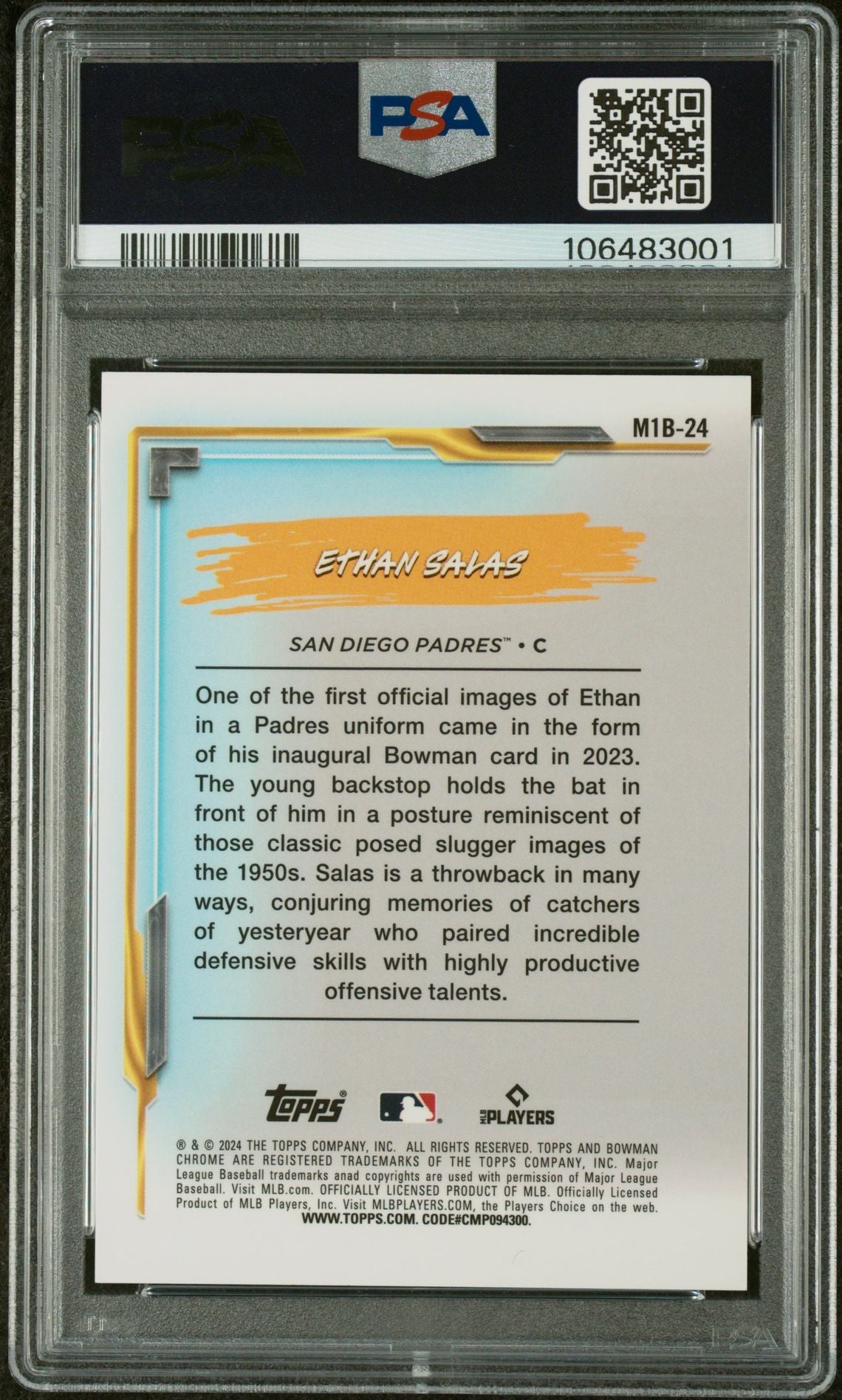 2024 Bowman Chrome Ethan Salas #M1B-24 Yellow Ref /75 PSA 10
