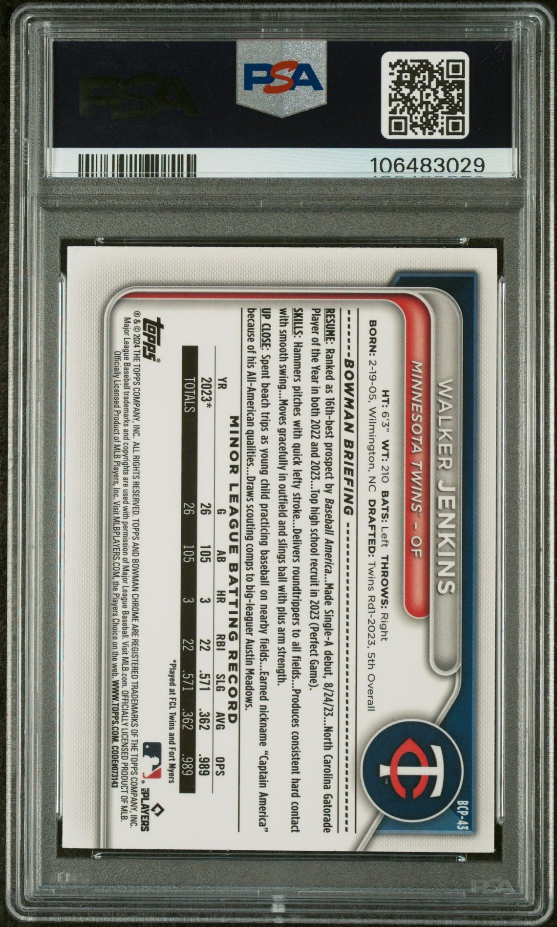 2024 Bowman Chrome Raywave Walker Jenkins #BCP43 /250 PSA 9