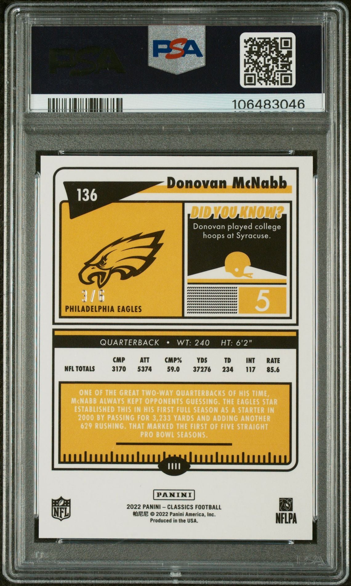 2022 Panini Classics #136 Donovan Mcnabb Premium Edition Timeless Tributes Stars PSA 9