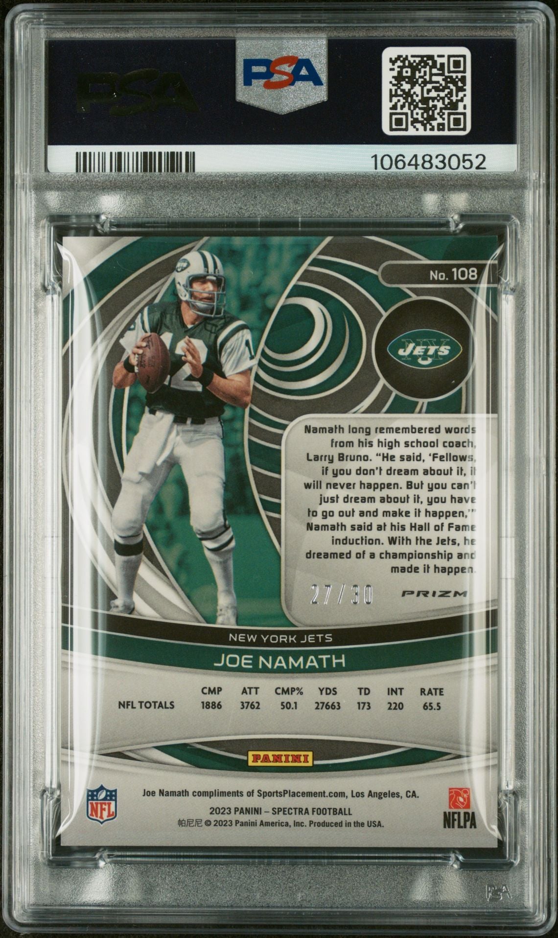2023 Spectra Spectris Joe Namath #108 /30 PSA 10
